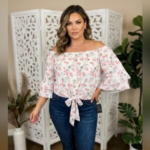 I.N. Studio On Or Off-Shoulder White/Pink Floral Blouse/Top Women's Size 1X NWT